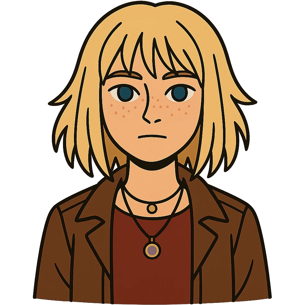 flat toon style of a 14-year-old girl with choppy blonde layers, armpit length, shortest at mouth, middle part, light freckles, blue eyes, defined cupid's brow, tight dark red top, brown leather jacket, necklaces emoji