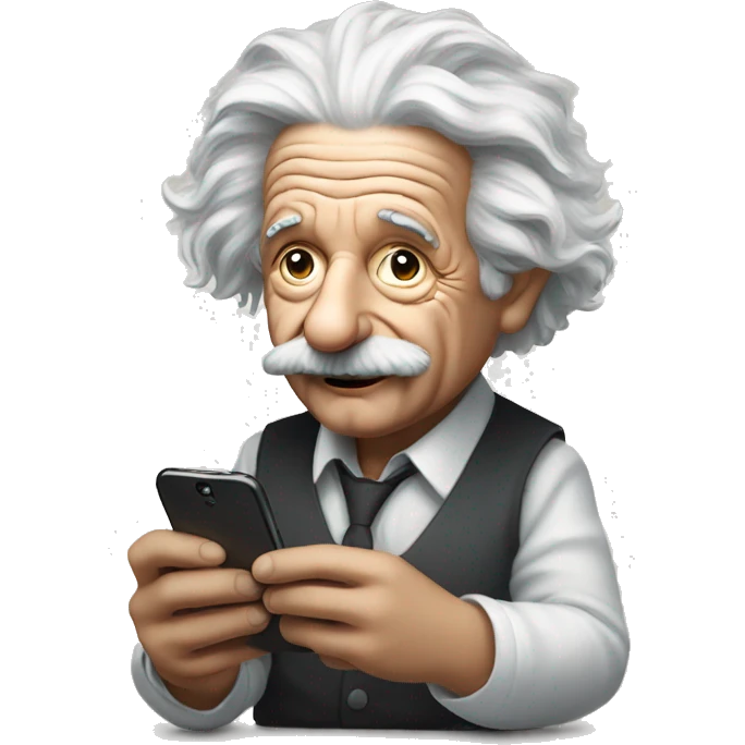 Albert Einstein holds a cell phone in his hands emoji