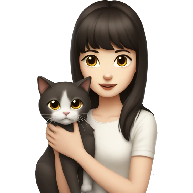 A pale girl with dark brown hair and dark brown eyes and bangs holds a white cat in her hands and looks at cat emoji