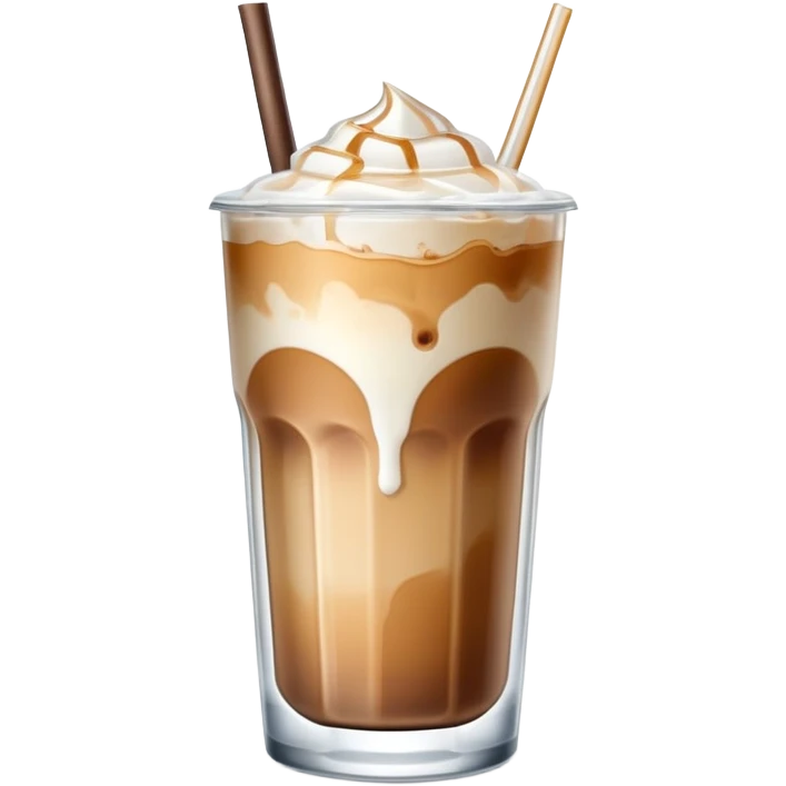 iced latte in transparent glass with visible ice, milk and coffee separation, iOS style emoji, HD emoji