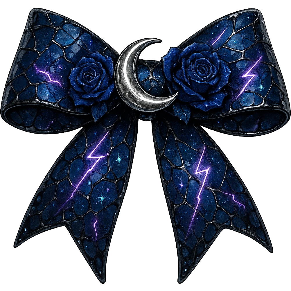 gothic bow with fractured deep blue glass, decorated with a silver crescent moon, midnight blue roses, iridescent holographic stardust, neon lightning bolts, wet shiny finish emoji