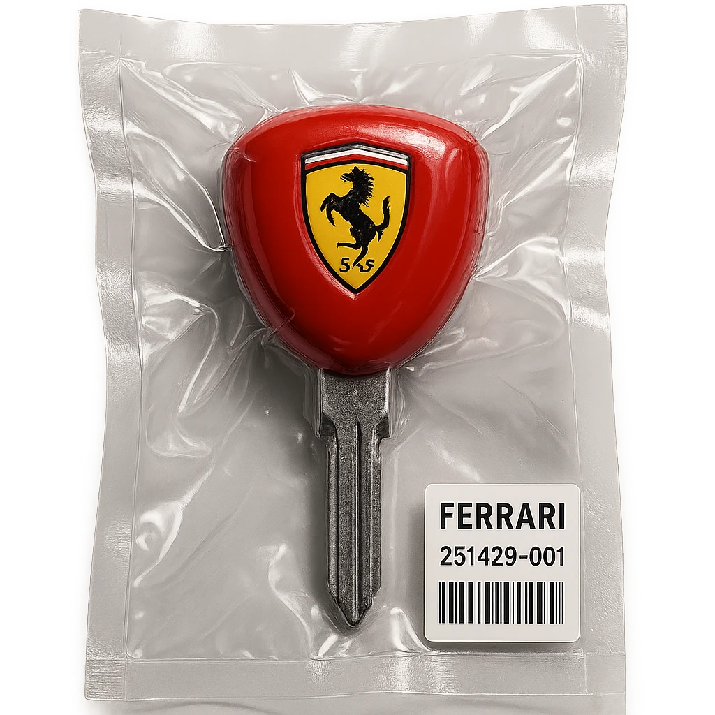 classic Ferrari car key, red with yellow Ferrari badge, chrome key blade, glossy emoji