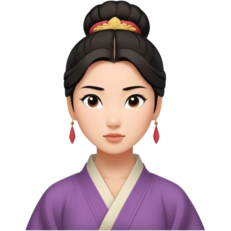 Cinematic Serene Mulan Portrait Emoji, rendered in a simplified vector style. Depict a gentle Mulan (chest and above) with warm, radiant skin, sleek dark hair pulled back in a neat bun, and a calm, thoughtful expression, wearing a simple traditional robe in muted hues. The design glows softly with an elegant, inviting light. emoji