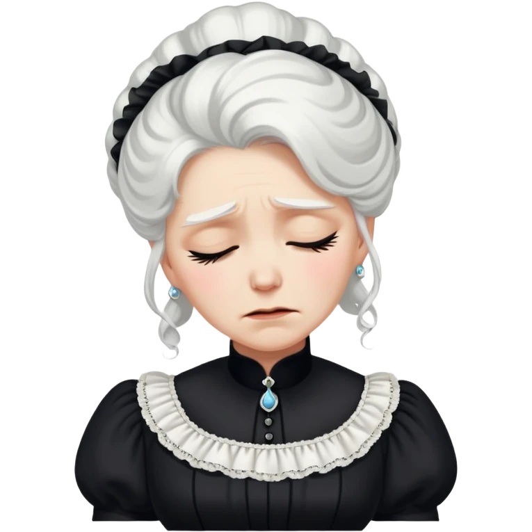 A Victorian woman with elegant coiffed white hair wearing a modest black mourning dress sobbing with tears streaming down her face emoji