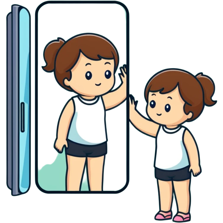 White girl with brown hair checking herself in a wall mirror emoji