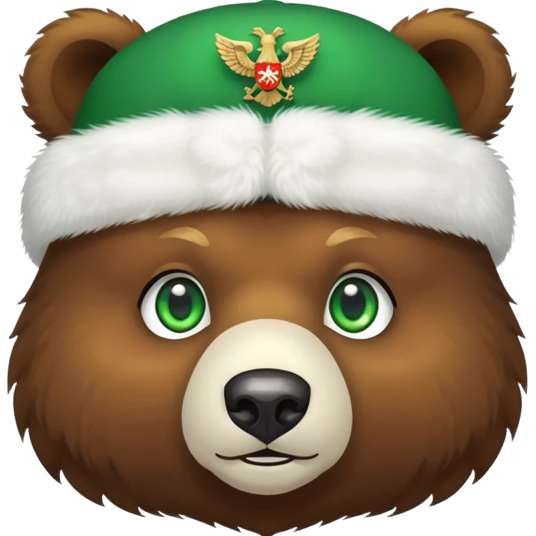 Cute brown bear face with bright green eyes wearing white fluffy ushanka hat with detailed Russian double-headed eagle emblem clearly visible in center, iOS emoji style emoji