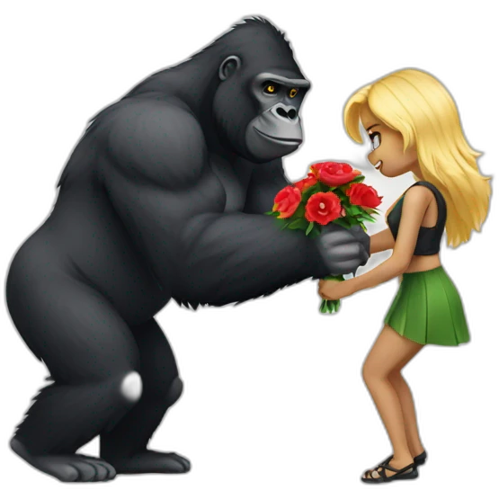 Bad boy Gorilla wearing gold chain giving flowers to a blonde girl emoji