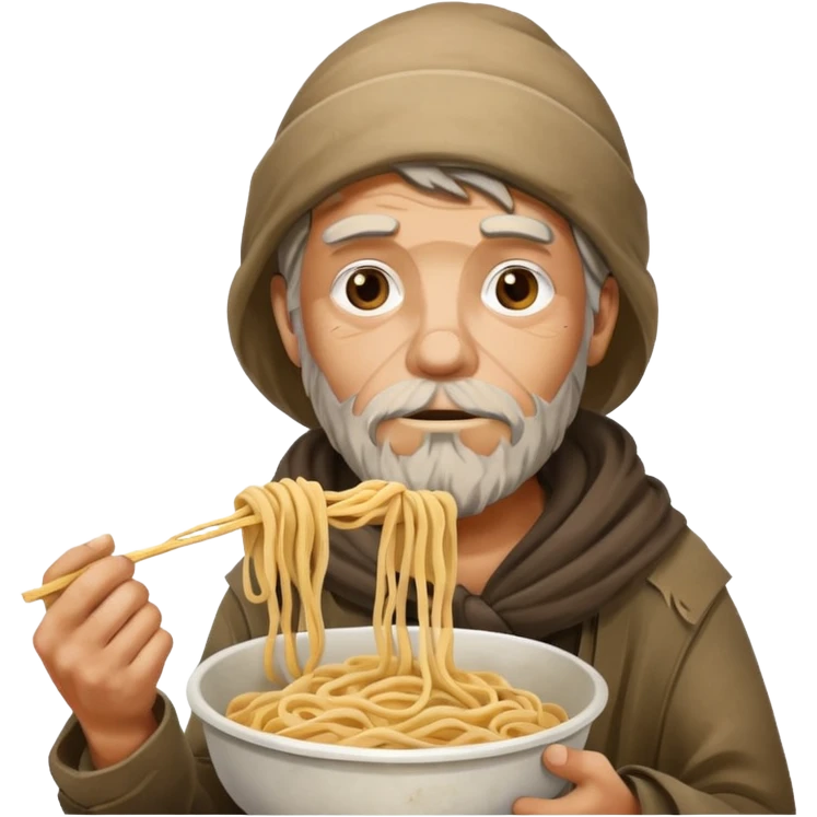 Homeless man holding raw noodles with poop emoji