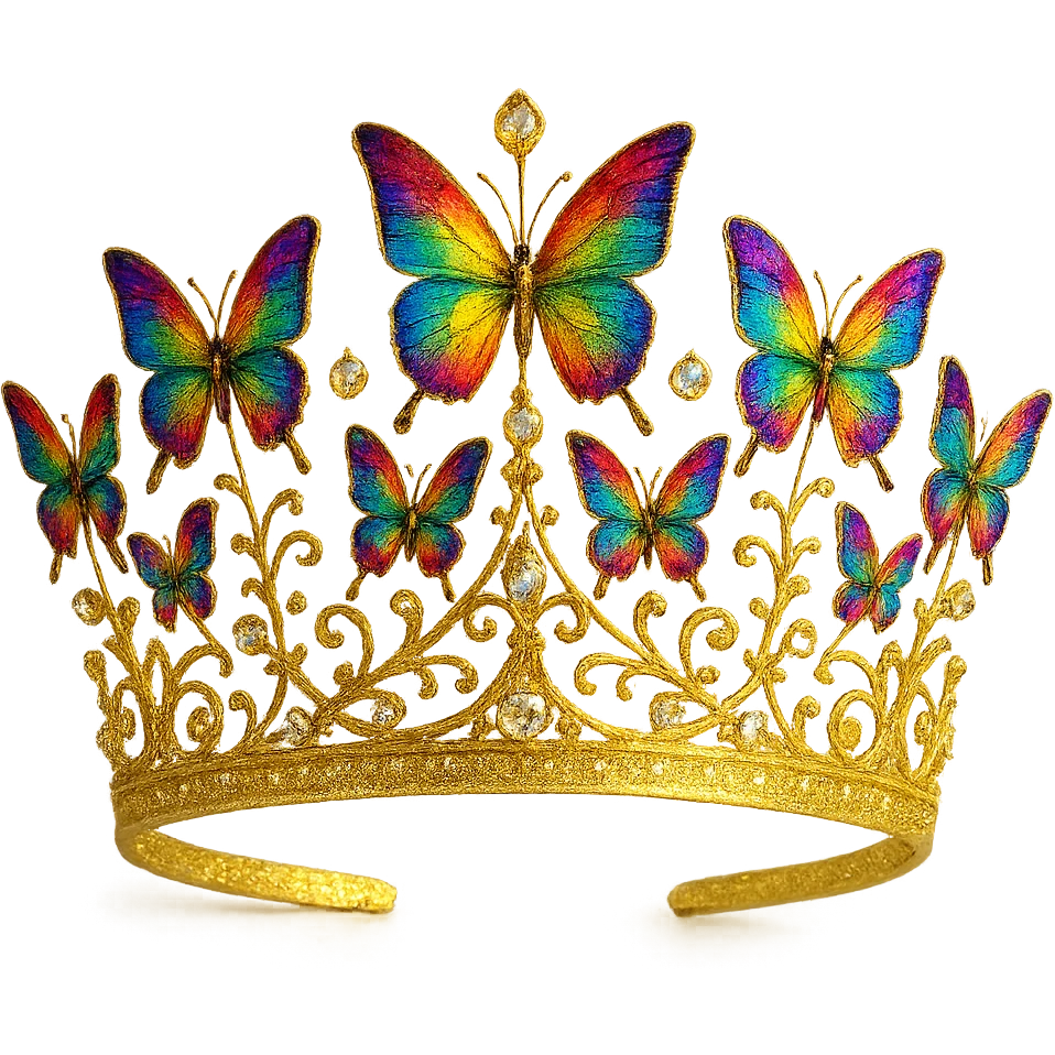 butterfly crown in shimmering gold with rainbow butterflies and crystal accents, radiant and regal emoji