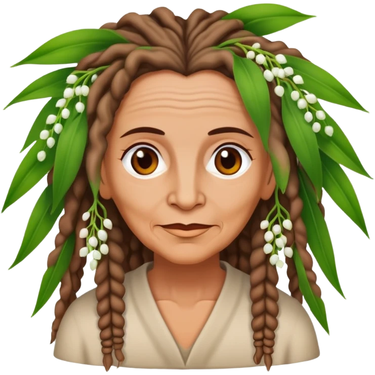 older woman with a tan, brown eyes, her hair and dreadlocks are made from lily of the valley emoji