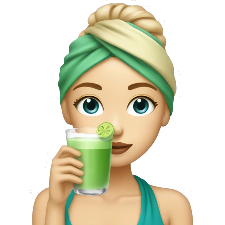 Cute girl with towel drinking matcha from a glass with a straw and and a skincare face mask with dirty blonde hair and grey blue eyes emoji