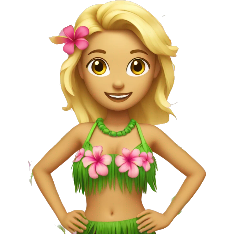 Hawaiian hula dancer girl with blonde hair, pink bikini top, a green grass skirt and a pink flower in her hair emoji
