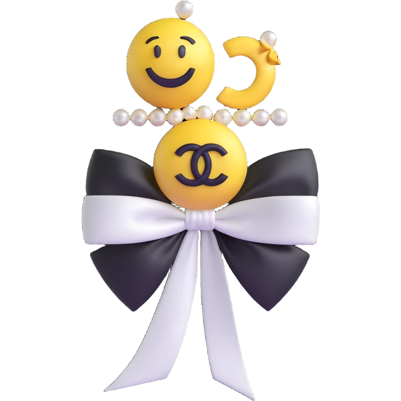 Change the bow to a satin ribbon bow, keep pearls and gold Chanel logo, elegant, glossy, black and white, 3D emoji style. emoji