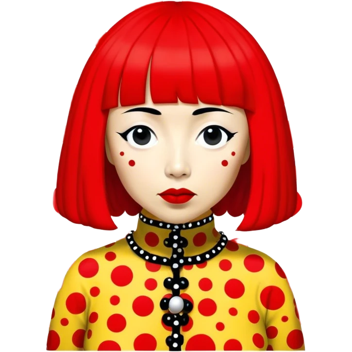 Yayoi Kusama – Cinematic Realistic Portrait of Yayoi Kusama, depicted as an avant-garde artist with an eccentric, captivating expression surrounded by her iconic polka dot patterns, rendered with vivid textures and imaginative lighting that evokes her unique, surreal creative world. emoji