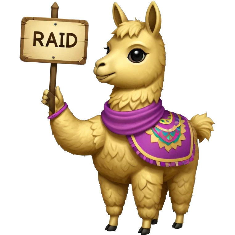 A small golden llama silhouette holding a sign in its mouth that says RAID emoji