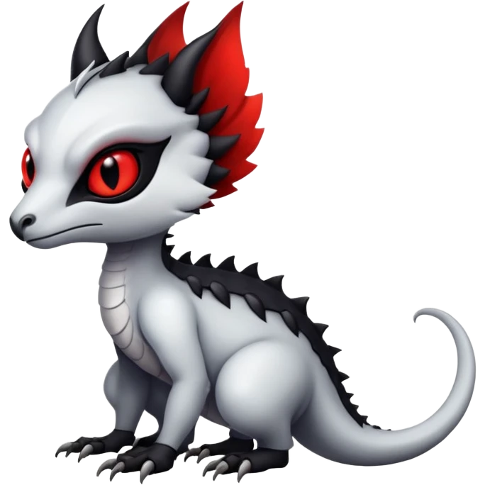 a white exotic edgy vernid-fionbri-creature, with black belly and red eyes, full body emoji