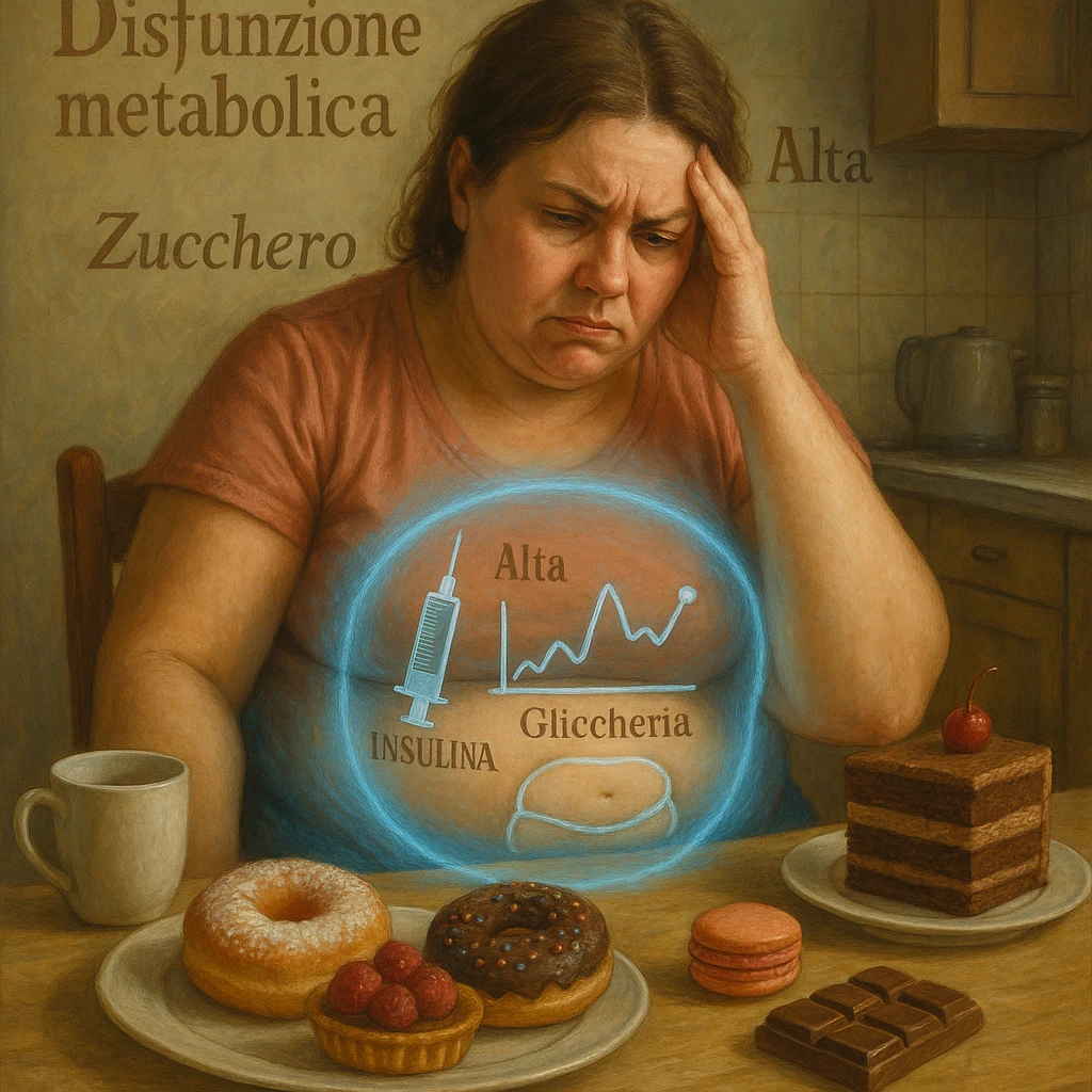 realistic surreal symbolism; woman late 30s, slightly overweight, sitting tired at kitchen table with sweets in front; frustrated expression; blue halo around abdomen (metabolic dysfunction); transparent icons: high insulin, high blood sugar (graph with upward arrows), fat on belly and hips; writings in Italian emoji