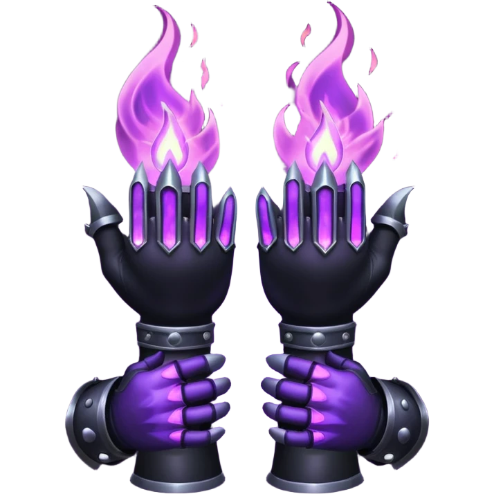 A Discord emoji of a pair of black armored gauntlets holding a flickering violet flame. The hands are positioned as if offering a gift. Dark gothic fantasy, glowing magical effects, high contrast, 2D vector style, white background. emoji