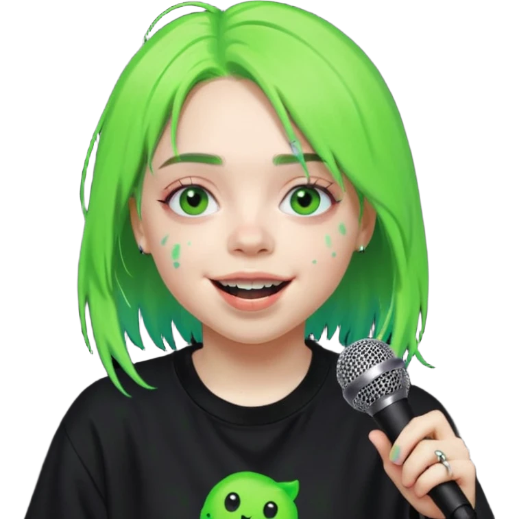 billie eilish is singing, holding mirco and smile, die hair neon lime emoji