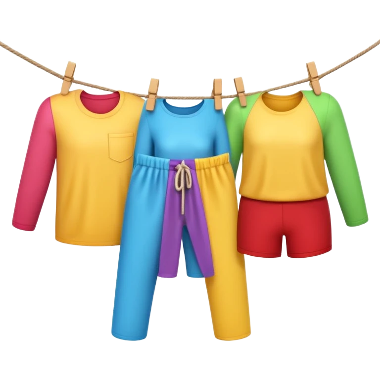 Apple-style 3D emoji showing two human hands hanging colorful clothes on a clothesline with clothespins, only hands, part of the rope, and laundry visible, bright cheerful atmosphere, clean white background, soft lighting



 emoji