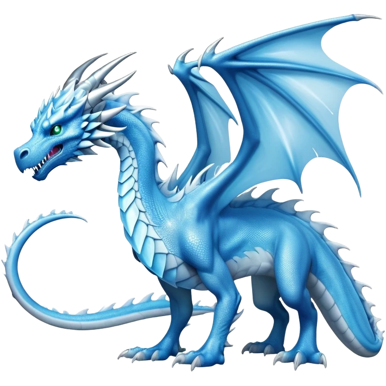 Cinematic Noble Fierce Ice Dragon full body Emoji, Poised and imposing, distinct long elegant snout, with a slender, scaled body shimmering in glacial hues of icy blue, frostbitten silver, and crystalline white, breathing out frost, with piercing, glowing eyes that radiate the chilling depths of an arctic storm; rendered in detail. displaying its wings emoji
