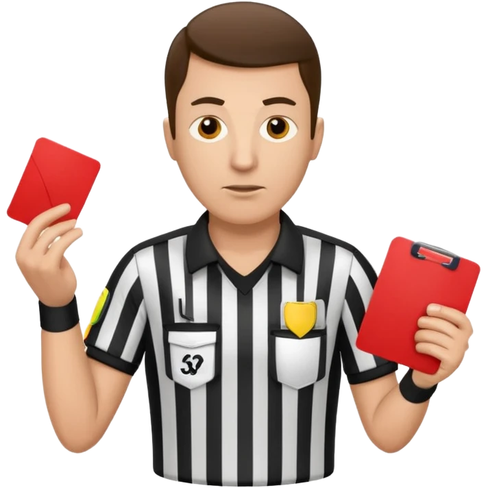 Изображение футбольного судьи, в руках которого красная карточка из футбола. Судья не улыбается emoji