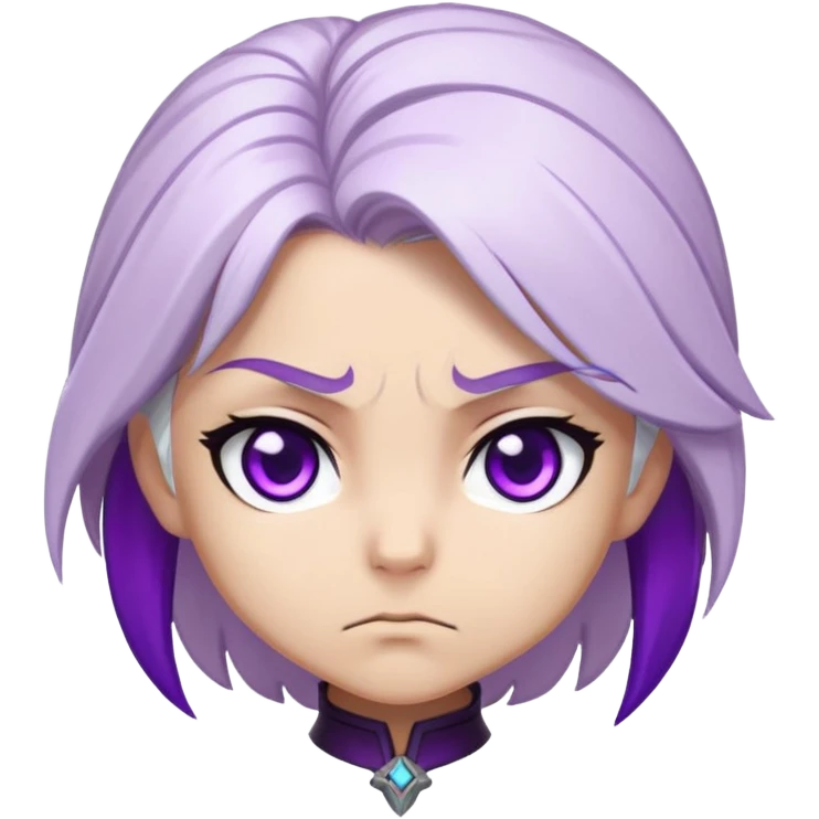 Chibi Sable Ward with intense focus expression, slightly furrowed brows, concentrated stare, white hair with purple streaks, fully purple eyes, determined look emoji