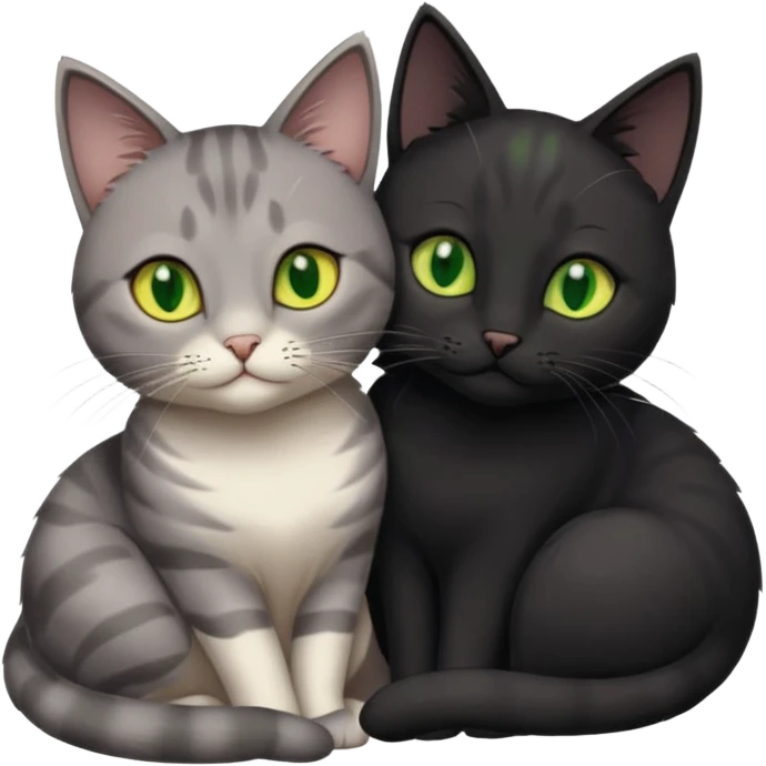 1 grey cat with green eyes and 1 black with yellow/green eyes cat cuddling emoji