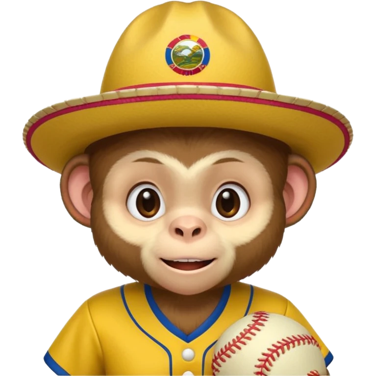 Crear una mascota que sea un mono capuchino sobre el cual predomine el color café, cara clara y expresiva, alegre, atlético, que lleve uniforme de softbol que diga Colombia, con un sombrero vueltiao' un poco inclinado que se vea personalizado con el nombre YAIFER emoji