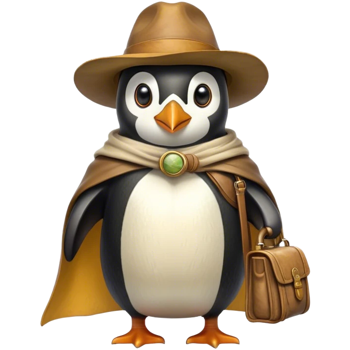 A explorer penguin inspired by Indiana Jones, wearing a weathered yellow enchanted hat and a flowing cape. It carries a leather satchel with ancient scrolls. Cartoon-style, smooth shading, highly detailed, no background emoji