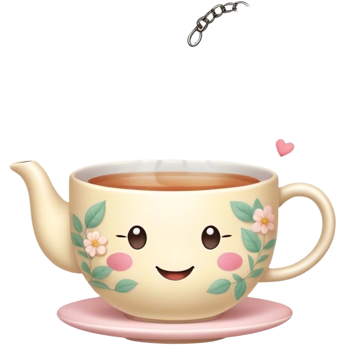 Cute Kawaii Tea Cup, steaming with warmth, a charming smiling face, soft pastel tones, delicate floral patterns, a tiny heart-shaped tea bag tag, cozy and inviting! emoji