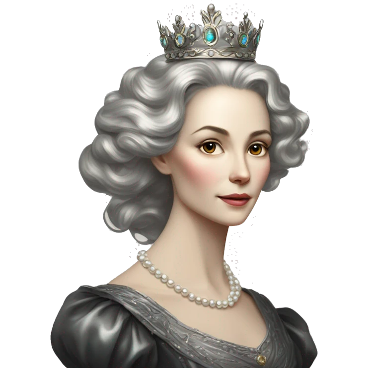 Regal pretty slender middle age woman photograph defined cheekbones high cheekbones crown vintage with very long iridescent black and silver hair wavy long hair pearl crown iridescent emoji