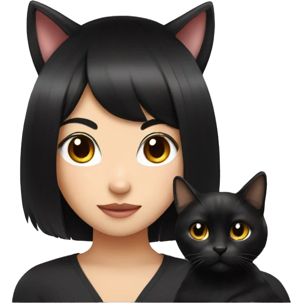 cat on asian girl long black hair with black cat emoji