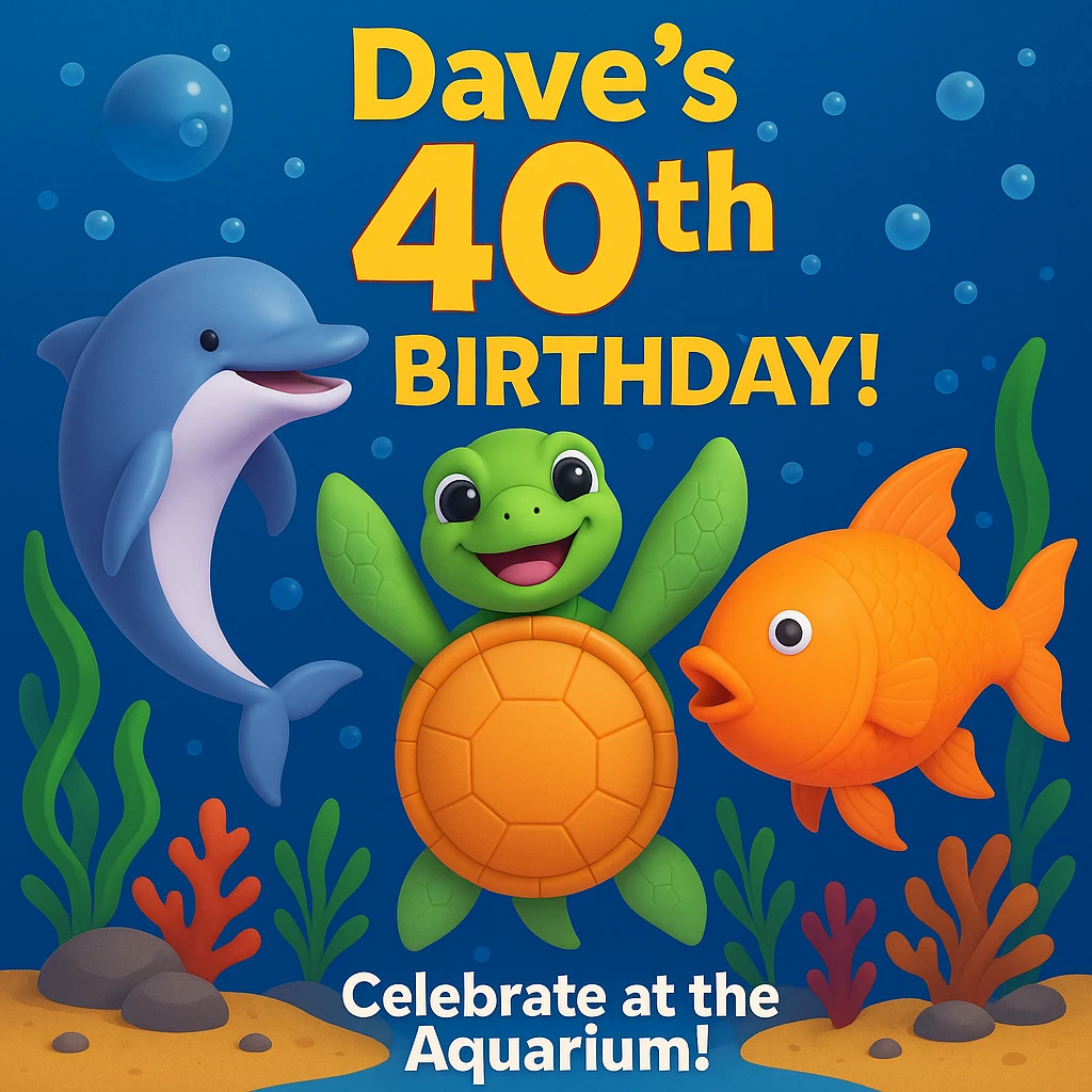 Make a birthday card for Dave's 40th birthday at the aquarium. Arrange the playful dolphin, smiling sea turtle, and colorful fish in a lively underwater scene with bubbles, seaweed, and coral. Add cheerful text: "Dave's 40th Birthday! Celebrate at the Aquarium!" Use a fun, vibrant style. Make it 3d emoji style. emoji