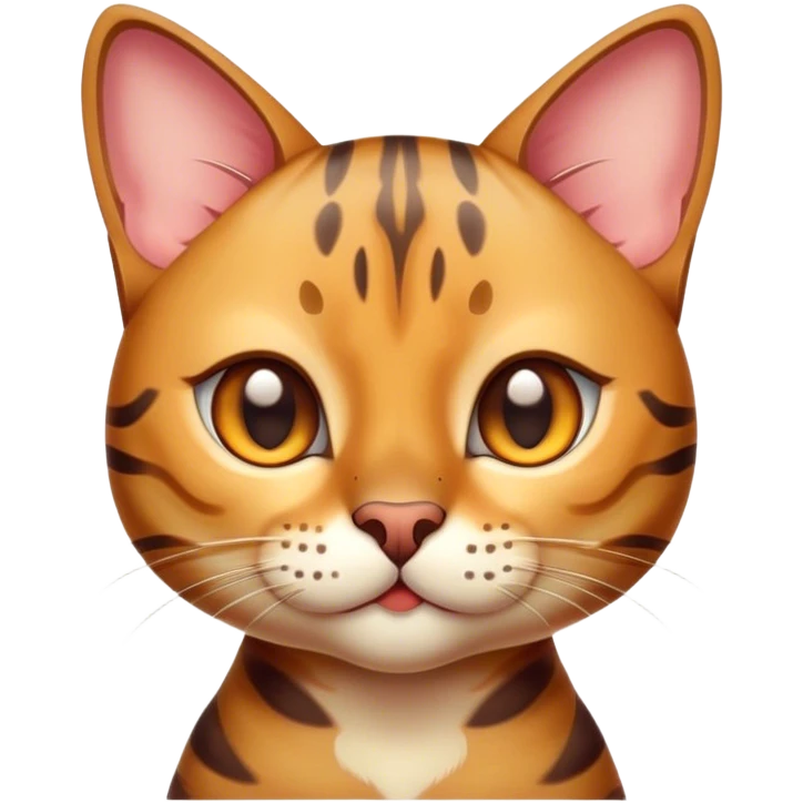 Cinematic Cute Bengal Cat Portrait Emoji, Playful and charming, sleek spotted brown and gold tones, Simplified yet adorable features, highly detailed, glowing with a warm, friendly glow, high shine, curious and affectionate, stylized with a touch of whimsy, head tilted in a playful and inquisitive manner, soft glowing outline, capturing the essence of a mischievous yet loving kitten, so endearing it feels like it could pounce out of the screen and play! emoji