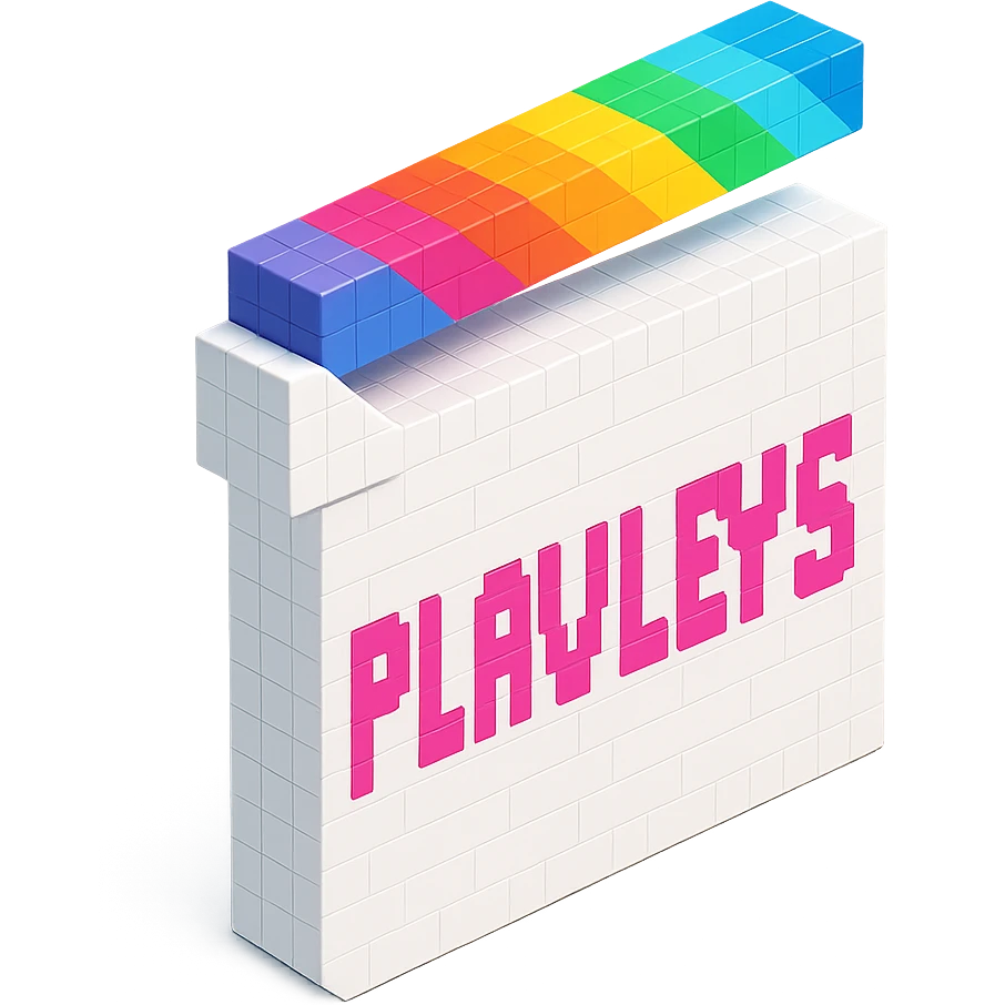 voxel style movie clapperboard, white body, rainbow striped lid, pink text 'PLAVLEYS', isometric view emoji