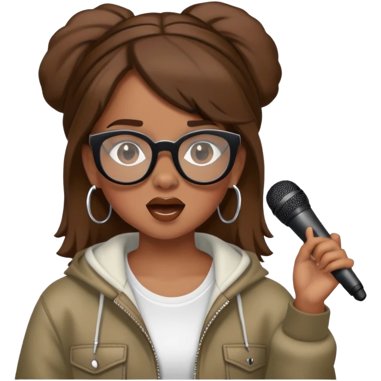 a very hiphop girl singing rap and she has brown hair with black glasses  emoji