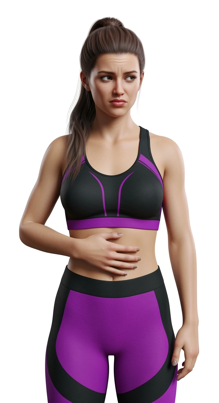 DONNA FITNESS CHE SI TOCCA LA PANCETTA CON ESPRESSIONE INSODDISFATTA IN VOLTO, iperrealistico 4k, ISOLATA SU SFONDO BIANCO emoji