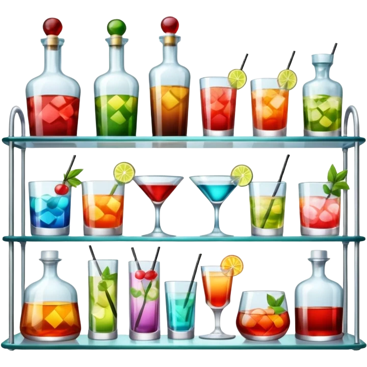 A glass shelf filled with cocktail bottles and fancy drinking glasses.
 emoji