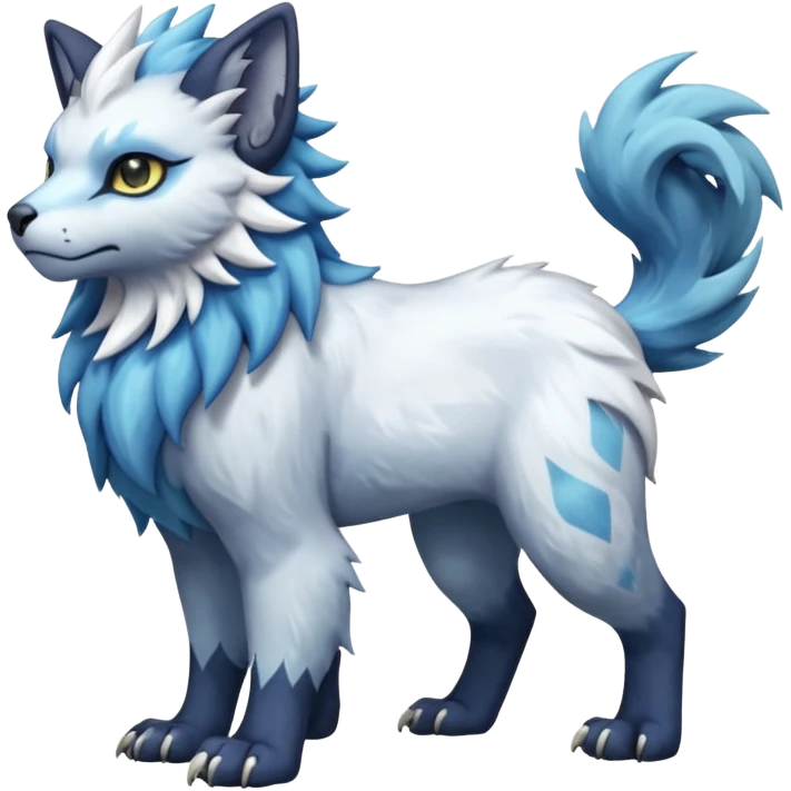 Icy fuzzy glacial glistening glossy smooth soft flaky scaly furry flurry hyper-realistic cozy boreal boreal-lupus-Lunaray-Manectric-Absol-Luxray-Bobcat-Fakémon-fusion-animal-creature, full body  emoji