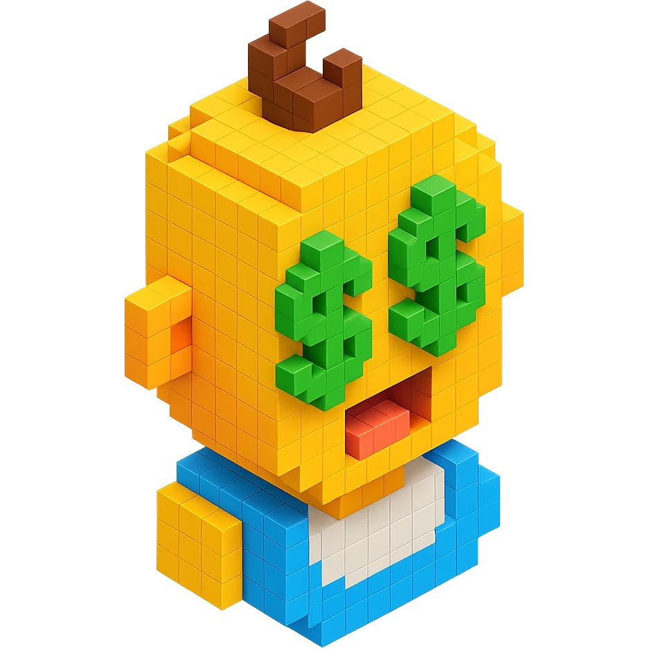 voxel style baby with green dollar symbols in eyes emoji