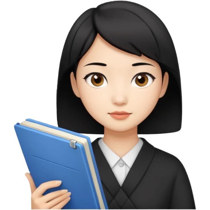 A young female guide with fair skin and short black hair from Asia, holding her guide in one hand emoji
