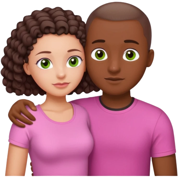couple cuddling. Girl with dark skin, brown eyes, waist length long curly hair, wearing a pink top. Guy with white skin, green eyes buzz cut, in a white T-shirt.  emoji