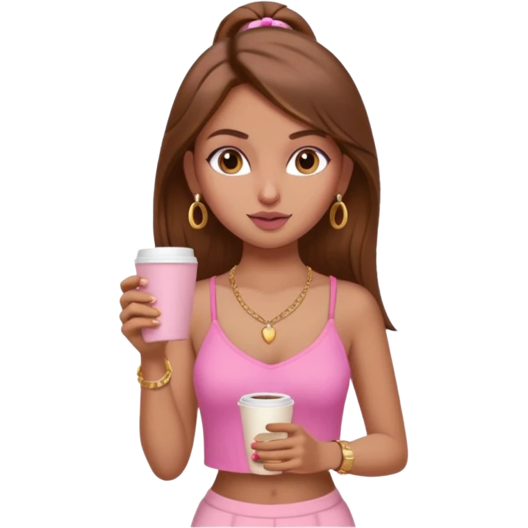 a pretty fair indian bratz girl with brown hair. with a pink cami top, drinking takeaway brown coffee, golden dainty necklace and carrying a white macbook emoji