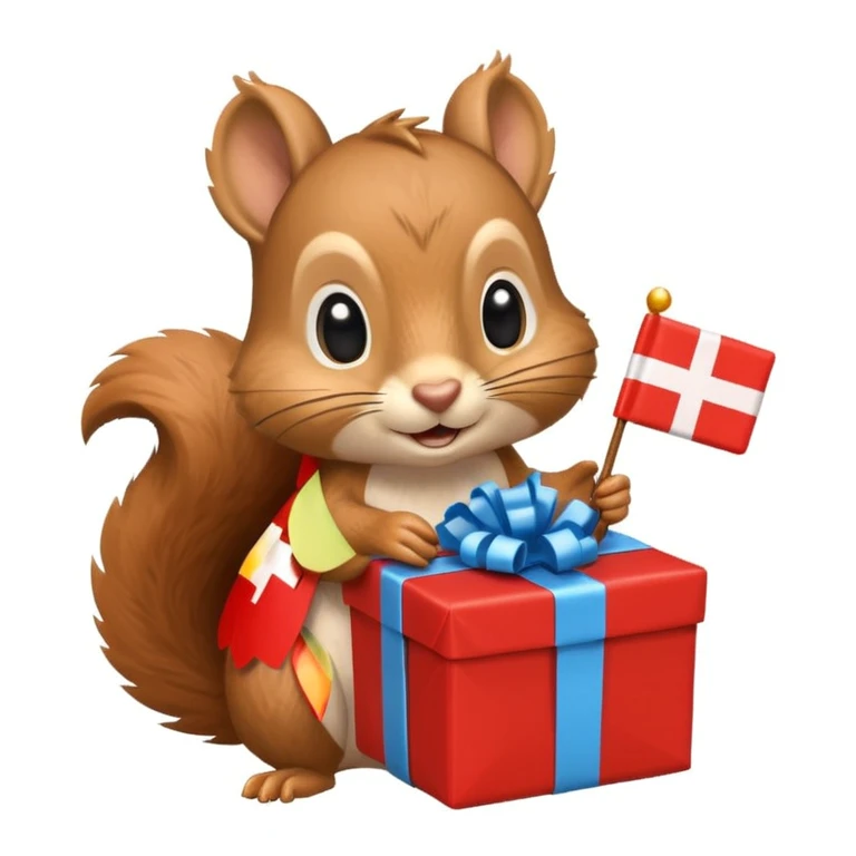 a squirrel holding a wrapped gift and a Swiss flag, both objects clearly visible, simple white background emoji