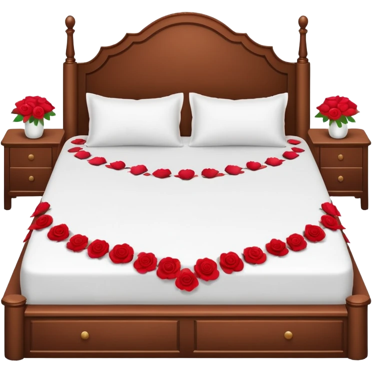 Romantic double-bed with flower petals spread on it  emoji