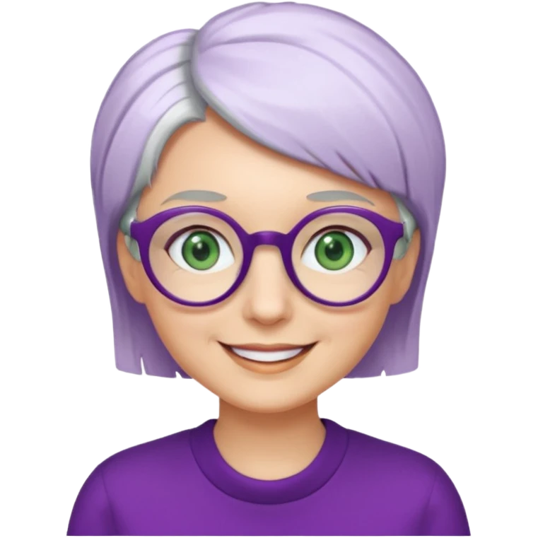 visage femme a lunettes ronde avec cheveux courts gris-blancs aux yeux verts qui souris habillé en violet emoji