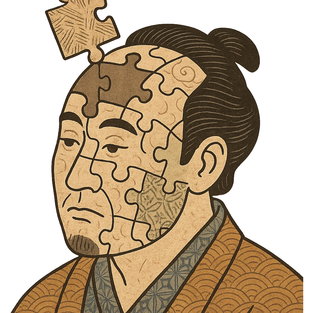 A man's head as a mosaic puzzle, with pieces fitting into his head emoji