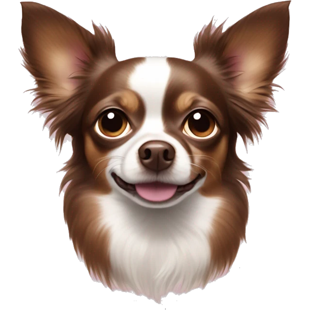 dark brown longhaired chihuahua with a white dot on forehead and brown nose with a pink spot on the left emoji