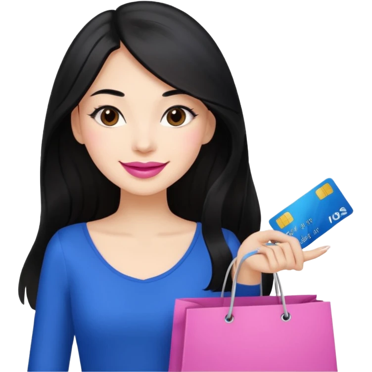 Girl with long black hair, pink lipstick, brown eyes holding shopping bags and blue credit card emoji